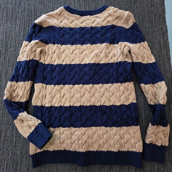 Lands' End Size Medium Tall Crew Neck Stripe Sweater Chunky Blue Tan Fall School - Picture 8 of 8